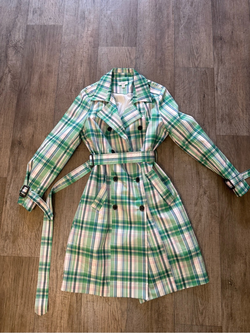 Plaid Green Double-Breasted Trench Coat with Belt